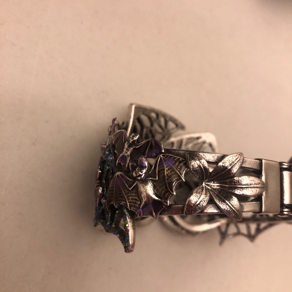 *RARE* Kirks Folly Bat Cuff Bracelet!  Purple bats, rhinestones, flowers, moon - Picture 10 of 11